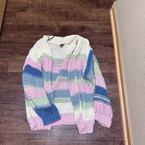 ARULA Pastel Striped V-Neck Chunky Knit Sweater - Cream, Pink, Blue, Green